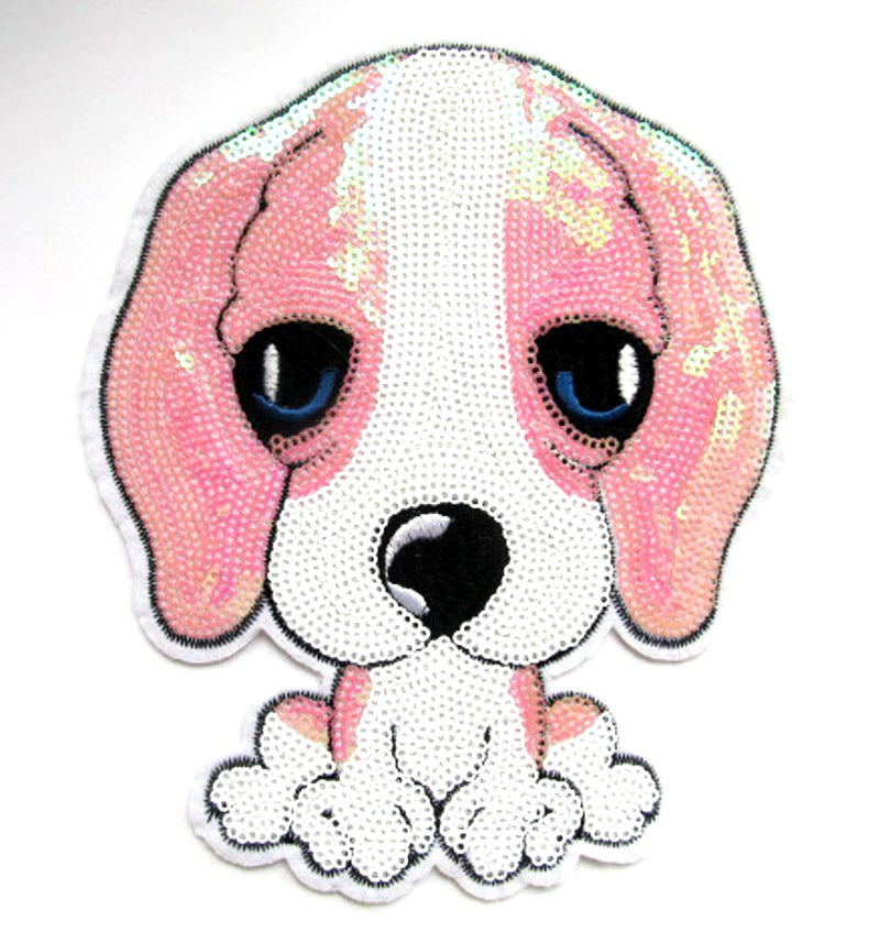 Large Sequin Dog Iron On Patch- Cute Embroidered Applique Badge Patches