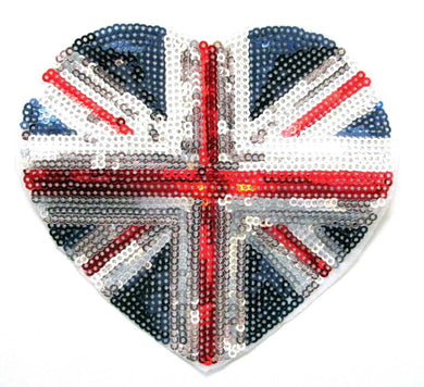 Sequin Union Jack Heart Iron On Patch- Large UK Flag Badge Applique Sew Patches - HanDan Patches