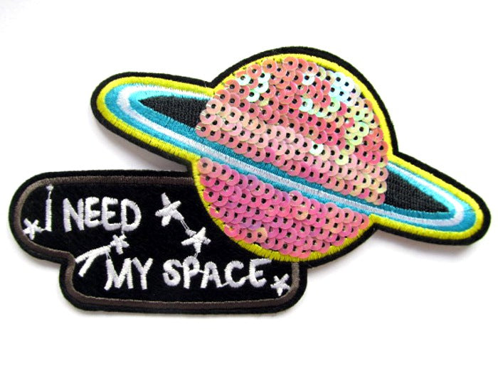 Large Sequin I Need My Space Iron On Patch- Planet Applique Badge Patches