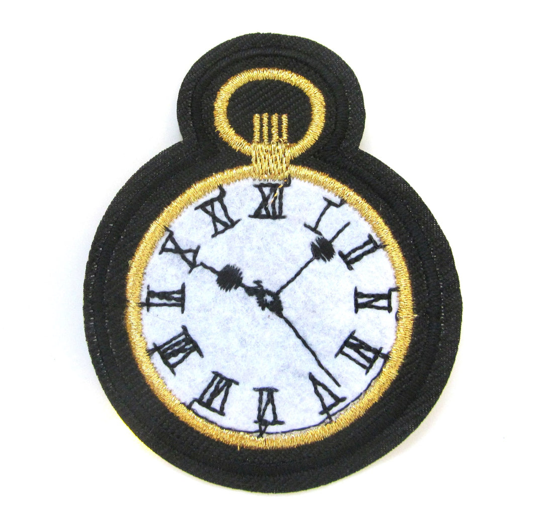 Pocket Watch Iron On Patch- Clock Time Piece Embroidered Applique Badge