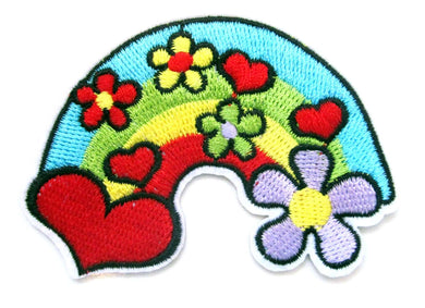 Rainbow Hearts & Flowers Iron On Patch- Peace Badge Hippy Embroidered Applique - HanDan Patches