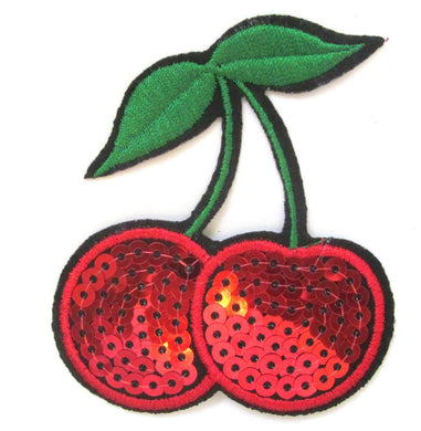 Sequin Cherries Iron On Patch- Fruit Food Snack Embroidered Applique Badge - HanDan Patches