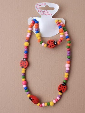 Ladybird Kids Wooden Beaded Bracelet & Necklace Set- Party Bag Girls Gift - HanDan Patches