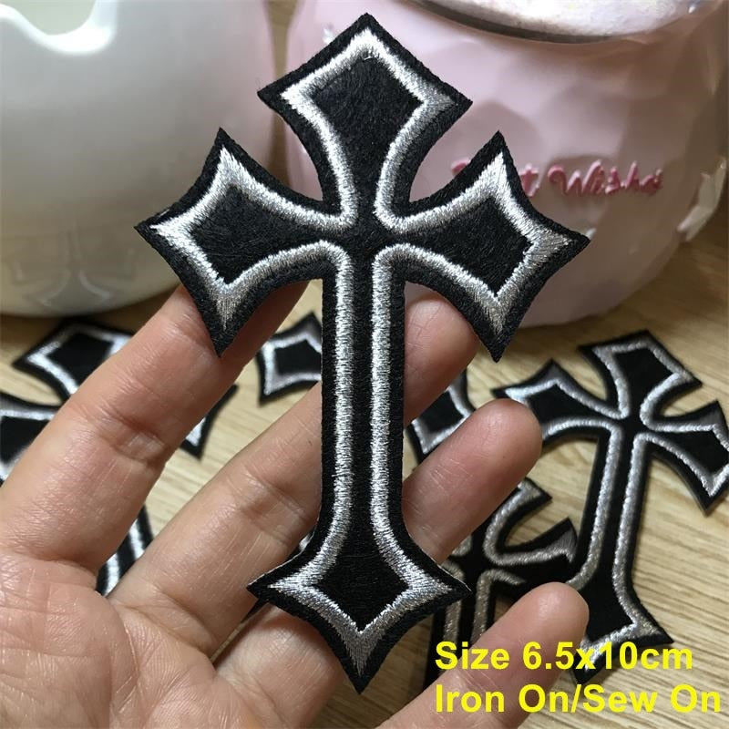 Black Cross Iron On Patch- Christ Religion Badge Gift Embroidered Applique HD271