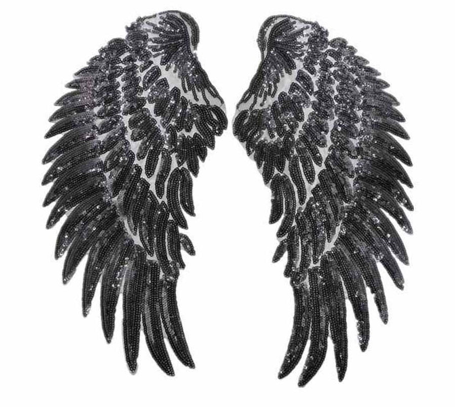 Giant Sequin Black Angel Wings Iron On Patch- Guardian 3D Patches Badge