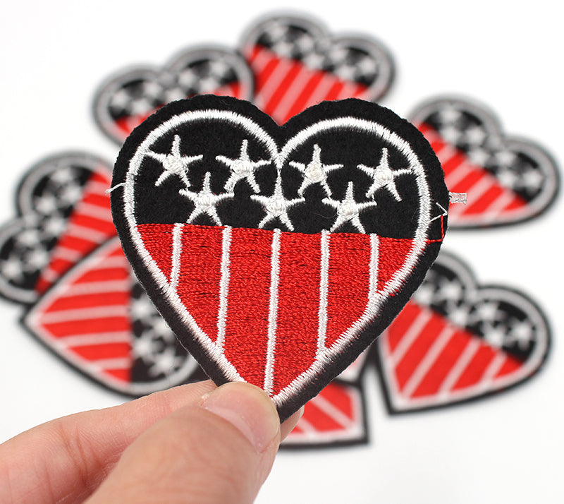 USA Heart Iron On Patch- America Flag Stars Stripes Embroidered Badge Patches