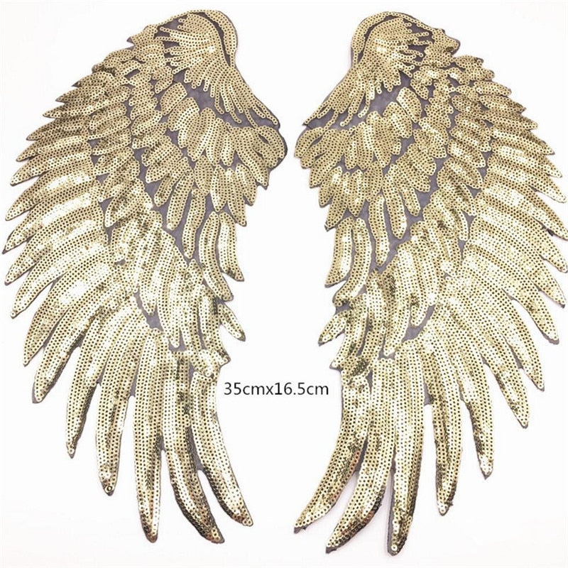 Giant Sequin Gold Angel Wings Iron On Patch- Guardian 3D Patches Badge
