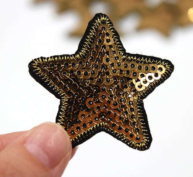 Sequin Gold Star Iron On Patch- Shape Applique Crafts Badge Patches HD248 - HanDan Patches