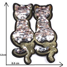 Load image into Gallery viewer, Reversible Sequin Cats Iron On Patch- Gold Or Silver Badge Applique Sew - HanDan Patches
