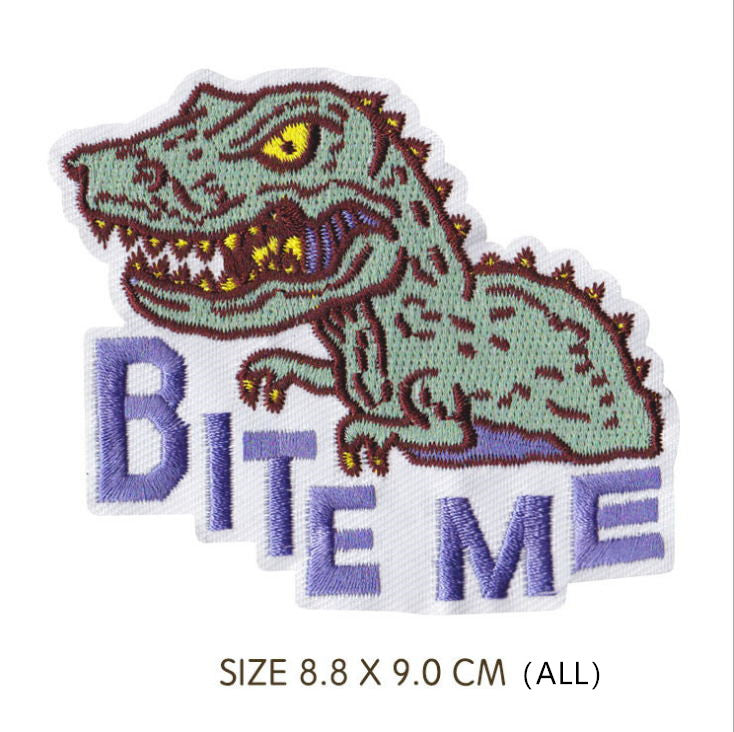 Dinosaur Bite Me Iron On Patch- T-Rex Jurassic Embroidered Applique Badge
