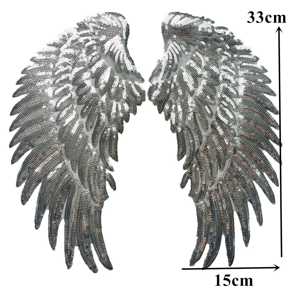 Giant Sequin Silver Angel Wings Iron On Patch- Guardian 3D Patches Badge