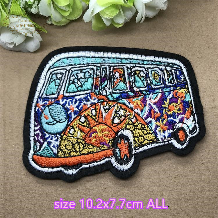 Hippy Camper Van Iron On Patch-  60's Peace Bus Embroidered Badge Applique