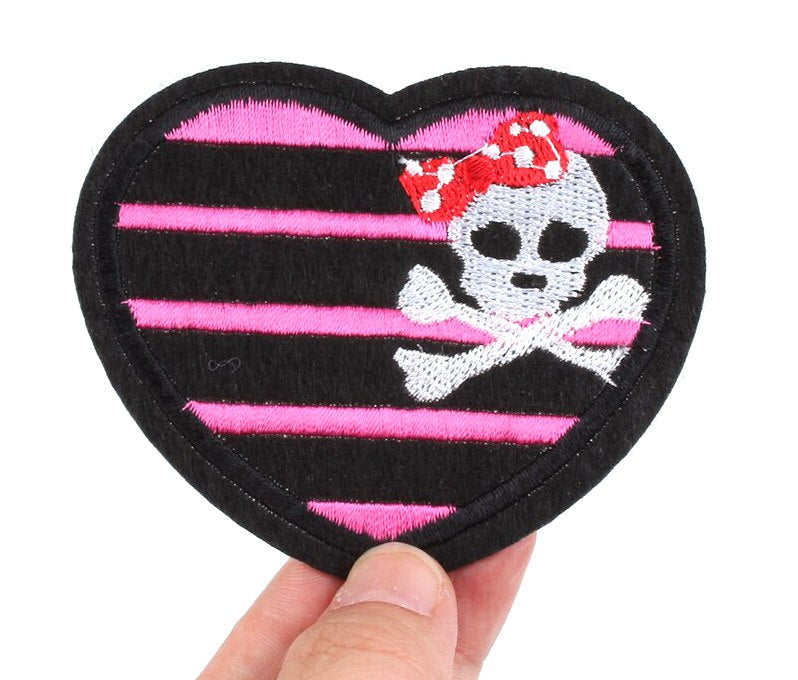 Pirate Skull & Crossbones Heart Iron On Patch- Embroidered Badge Patches