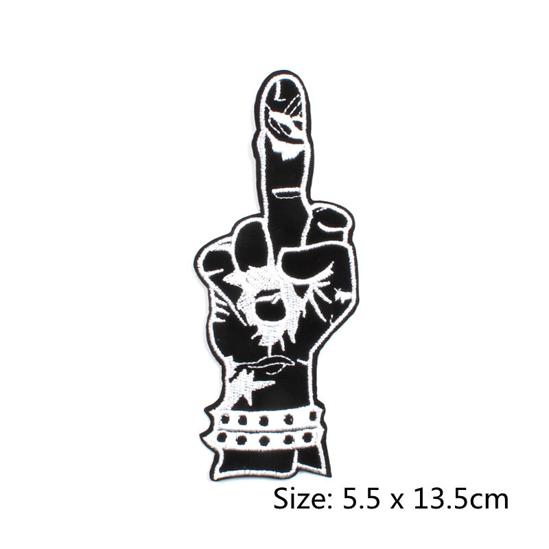 Large Novelty Middle Finger Iron On Patch- Funny Black Hand Gesture Embroidered Badge