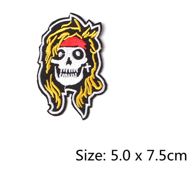 80's Rock Star Skull Iron On Patch- Music Skeleton Retro Embroidered Badge Patches