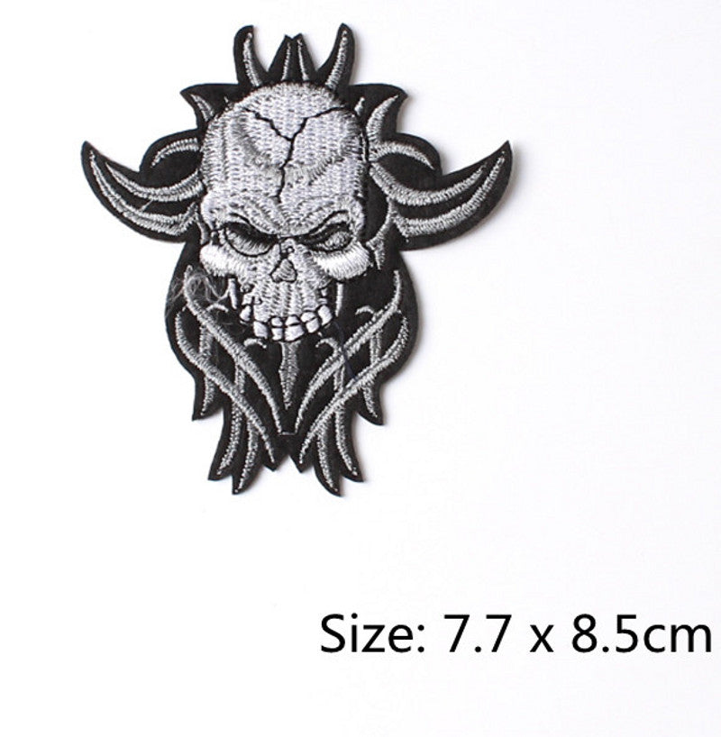 Skull With Horns Iron On Patch- Biker Skeleton Halloween Embroidered Badge Patches