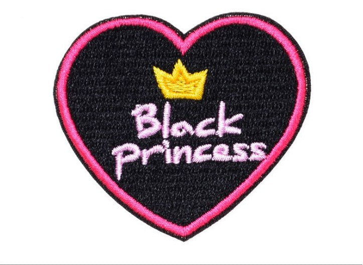 Black Princess Heart Iron On Patch- Crown Pink Embroidered Badge Applique