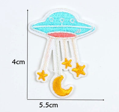 Alien Space Ship With Moon & Stars Embroidered Iron On Patch- Kids Patches Sew Badge - HanDan Patches