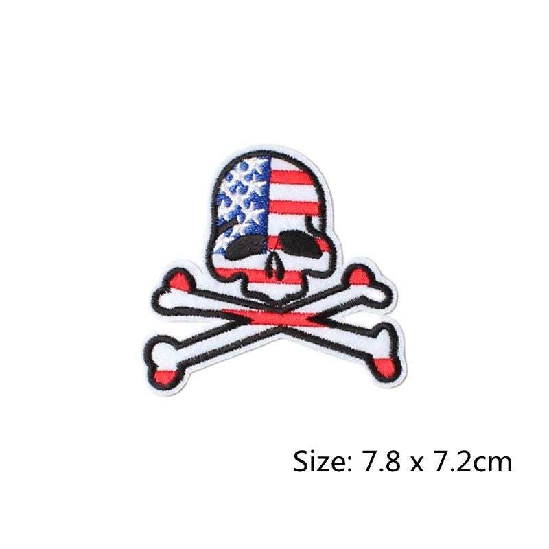 USA Skull & Cross Bones Iron On Patch- America Flag Pirates Skeleton Embroidered Badge Patches