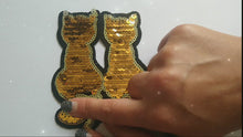 Load and play video in Gallery viewer, Reversible Sequin Cats Iron On Patch- Gold Or Silver Badge Applique Sew
